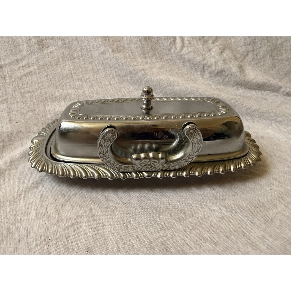 Silverplate Covered Butter Dish with Glass Insert, Rope Edge Pattern